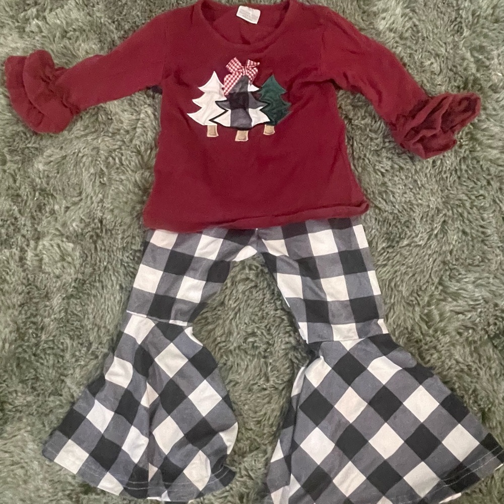 Holiday Set Maroon Bell Sleeve Ruffle Top and Buffalo Plaid Bell Bottom